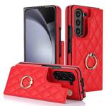 For Samsung Galaxy Z Fold7 Rhombic Texture Ring Double Buckle Leather Phone Case(Red)
