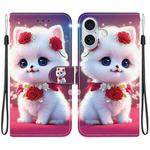 For iPhone 16 Crystal Texture Colored Drawing Leather Phone Case(Rose Cat)