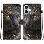 For iPhone 16 Crystal Texture Colored Drawing Leather Phone Case(Black Gold Lion)