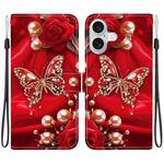 For iPhone 16 Crystal Texture Colored Drawing Leather Phone Case(Pearl Butterfly Rose)