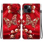 For iPhone 15 Plus Crystal Texture Colored Drawing Leather Phone Case(Pearl Butterfly Rose)