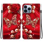 For iPhone 13 Pro Crystal Texture Colored Drawing Leather Phone Case(Pearl Butterfly Rose)