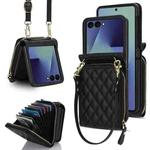 For Samsung Galaxy Z Flip7 5G Large Zipper Card Slot Leather Phone Case with Crossbody Strap(Black)