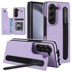 For Samsung Galaxy Z Fold7 Full Coverage Fold Double Buckle PU Phone Case with Pen Slots(Purple)