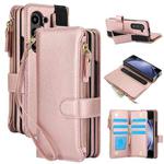 For Samsung Galaxy Z Fold7 Solid Color Wristband Wallet Folding Leather Phone Case with Lanyard(Rose Gold)