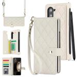 For Samsung Galaxy Z Fold7 Rhombic Texture Crossbody Multifunctional Leather Phone Case(White)