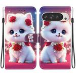 For Google Pixel 9 Pro XL Crystal Texture Colored Drawing Leather Phone Case(Rose Cat)