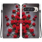 For Google Pixel 9 Pro XL Crystal Texture Colored Drawing Leather Phone Case(Red Roses)