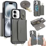 For iPhone 16 Plus AwQuer 2 in 1 Crossbody Wallet Leather Back Phone Case(Grey)