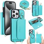 For iPhone 15 Pro AwQuer 2 in 1 Crossbody Wallet Leather Back Phone Case(Light Green)
