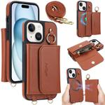 For iPhone 15 Plus AwQuer 2 in 1 Crossbody Wallet Leather Back Phone Case(Brown)