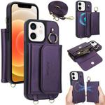 For iPhone 12 / 12 Pro AwQuer 2 in 1 Crossbody Wallet Leather Back Phone Case(Dark Purple)
