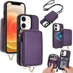 For iPhone 12 / 12 Pro AwQuer 2 in 1 Crossbody Wallet Leather Back Phone Case(Dark Purple)