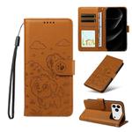 For iPhone 17 Pro Max Embossed Heart Dog RFID Blocking Wallet Leather Phone Case(Brown)