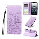 For iPhone 16e Embossed Heart Dog RFID Blocking Wallet Leather Phone Case(Purple)