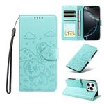 For iPhone 16 Pro Max Embossed Heart Dog RFID Blocking Wallet Leather Phone Case(Green)