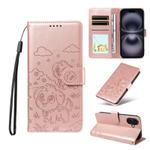 For iPhone 16 Plus Embossed Heart Dog RFID Blocking Wallet Leather Phone Case(Rose Gold)