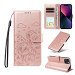 For iPhone 13 mini Embossed Heart Dog RFID Blocking Wallet Leather Phone Case(Rose Gold)