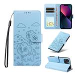 For iPhone 13 mini Embossed Heart Dog RFID Blocking Wallet Leather Phone Case(Sky Blue)