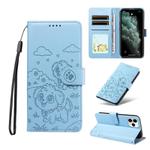 For iPhone 11 Pro Embossed Heart Dog RFID Blocking Wallet Leather Phone Case(Sky Blue)