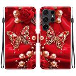 For Samsung Galaxy S22 Ultra 5G Crystal Texture Colored Drawing Leather Phone Case(Pearl Butterfly Rose)