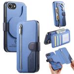 For iPhone 16e Twill Fabric MagSafe RFID Anti-theft Zipper Wallet Leather Phone Case(Dark Blue)