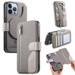 For iPhone 15 Pro Twill Fabric MagSafe RFID Anti-theft Zipper Wallet Leather Phone Case(Grey)