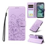 For Motorola Moto G35 5G Embossed Heart Dog RFID Blocking Wallet Leather Phone Case(Purple)