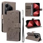 For Huawei Pura 80 Pro 5G Cat and Bee Embossed Flip Leather Phone Case(Grey)