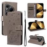 For Huawei Pura 80 Ultra 5G Cat and Bee Embossed Flip Leather Phone Case(Grey)