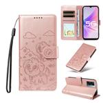 For OPPO A57 4G / 5G 2022 Global Embossed Heart Dog RFID Blocking Wallet Leather Phone Case(Rose Gold)