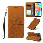 For OPPO A58 4G Embossed Heart Dog RFID Blocking Wallet Leather Phone Case(Brown)