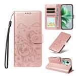 For OPPO Reno11 5G Global Embossed Heart Dog RFID Blocking Wallet Leather Phone Case(Rose Gold)