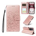 For OPPO Reno12 Global Embossed Heart Dog RFID Blocking Wallet Leather Phone Case(Rose Gold)