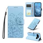 For Google Pixel 10 Pro XL / 9 Pro XL Embossed Heart Dog RFID Blocking Wallet Leather Phone Case(Sky Blue)