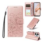 For Redmi 13 4G / Note 13R / 13X Embossed Heart Dog RFID Blocking Wallet Leather Phone Case(Rose Gold)