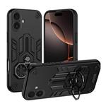 For iPhone 16 Plus Double-Ring Holder PC Hybrid TPU Phone Case(Black)