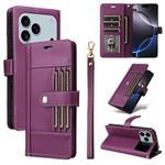 For iPhone 17 Pro Max Six Card Slots Buckle Leather Phone Case with Lanyard(Purple)
