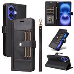 For iPhone 17 Six Card Slots Buckle Leather Phone Case with Lanyard(Black)