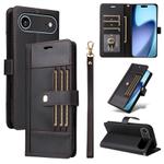 For iPhone 17 Air Six Card Slots Buckle Leather Phone Case with Lanyard(Black)