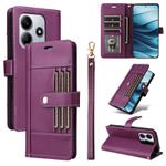 For Redmi Note 14 4G 163.25mm Six Card Slots Buckle Leather Phone Case with Lanyard(Purple)
