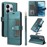 For Redmi Note 14 4G 164.84mm Six Card Slots Buckle Leather Phone Case with Lanyard(Green)