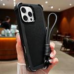 For iPhone 16 Pro Max Solid Color TPU Hybrid PC Shockproof Phone Case with Wrist Strap(Black)