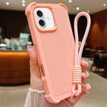 For iPhone 16 Solid Color TPU Hybrid PC Shockproof Phone Case with Wrist Strap(Pink)
