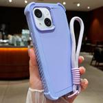 For iPhone 15 Solid Color TPU Hybrid PC Shockproof Phone Case with Wrist Strap(Purple)