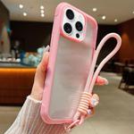 For iPhone 15 Pro Solid Color Edge Transparency Acrylic TPU Phone Case with Wrist Strap(Pink)