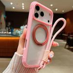 For iPhone 17 Pro Max Solid Color Edge Transparency Rotation Holder MagSafe Phone Case with Wrist Strap(Pink)