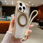 For iPhone 16 Pro Max Solid Color Edge Transparency Rotation Holder MagSafe Phone Case with Wrist Strap(Brown)