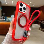 For iPhone 16 Pro Max Solid Color Edge Transparency Rotation Holder MagSafe Phone Case with Wrist Strap(Red)