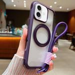 For iPhone 16 Plus Solid Color Edge Transparency Rotation Holder MagSafe Phone Case with Wrist Strap(Dark Purple)
